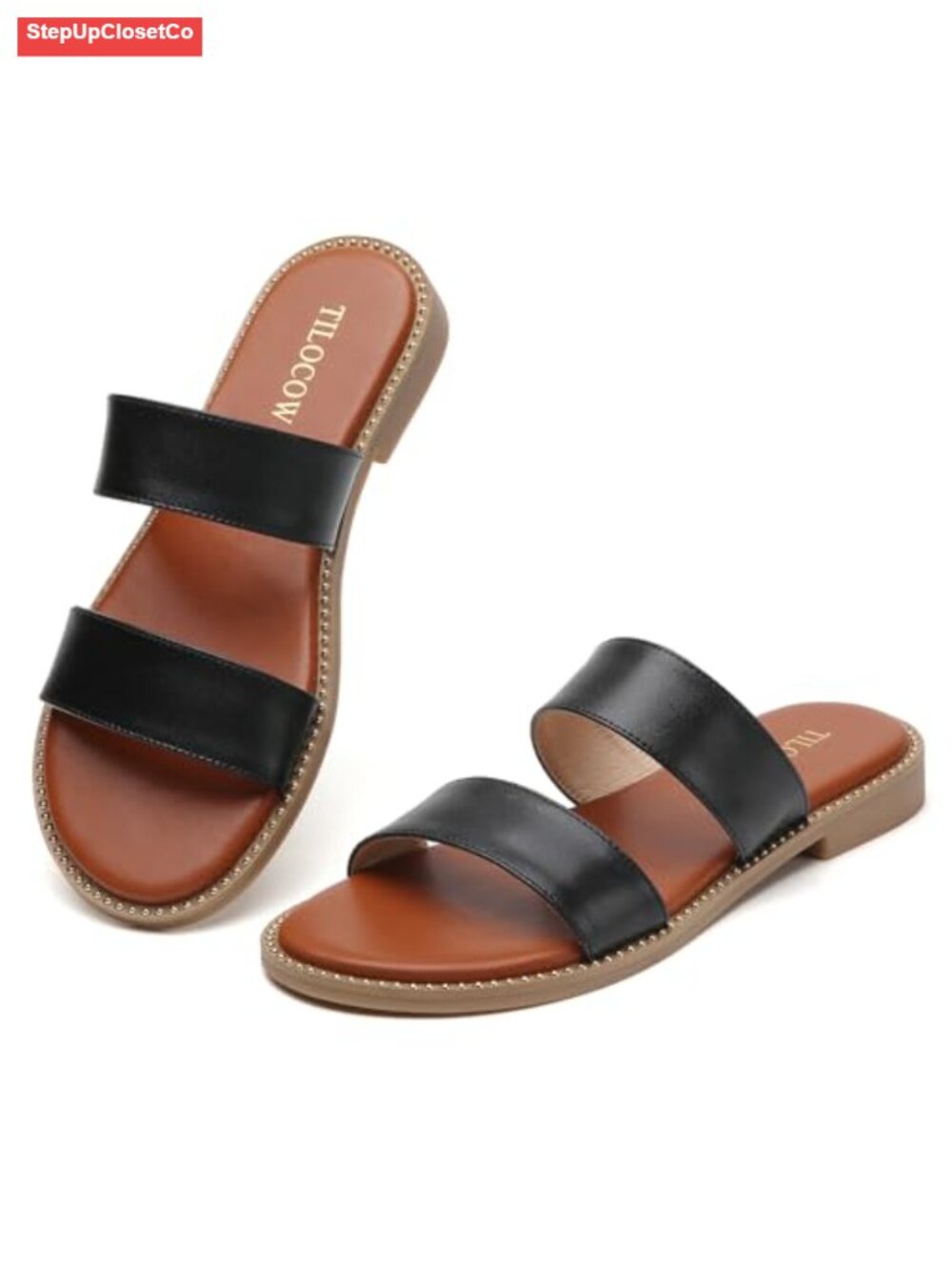 Women's Two Strap Flat Slide Sandals Studded Open Toe Casual Comfort Slip On